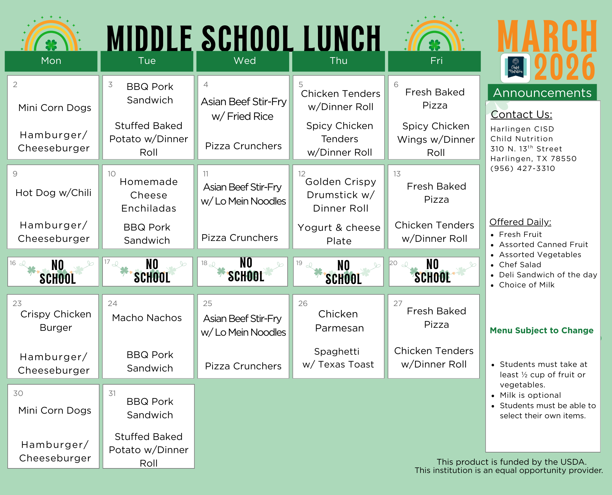 Middle School Updated Menu 12/9/25